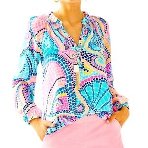 Lilly Pulitzer Elsa Silk Blouse – Size S –  Vibrant Tile Wave Print